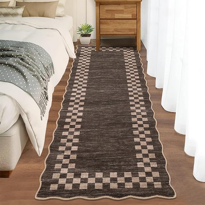 GarveeHome Washable Runner Rug 2x10 Modern Bordered Hallway Runner Rug | Non Slip Kitchen Throw Carpet Checkered Entryway Runner Rugs Low Pile Solid Area Rugs for Living Room Bedroom Nursery, Brown