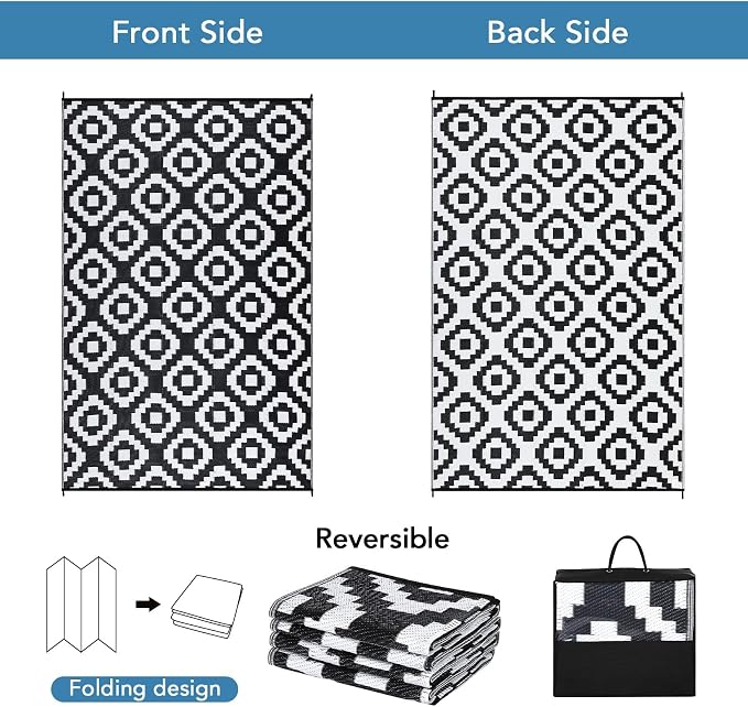 Garvee Outdoor Rug 9x18 Outdoor Patio Rug Reversible Plastic Straw Rugs Waterproof Foldable Mat Easy Clean Lightweight Carpet for Backyard Camping Porch RV Beach Balcony Deck Picnic Square White