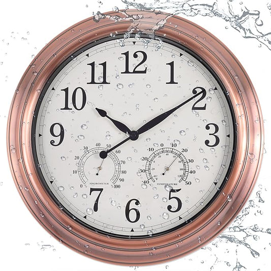 16 Inch Outdoor Clock Thermometer Combo, Red Bronze Metal-Frame Waterproof Wall Clock