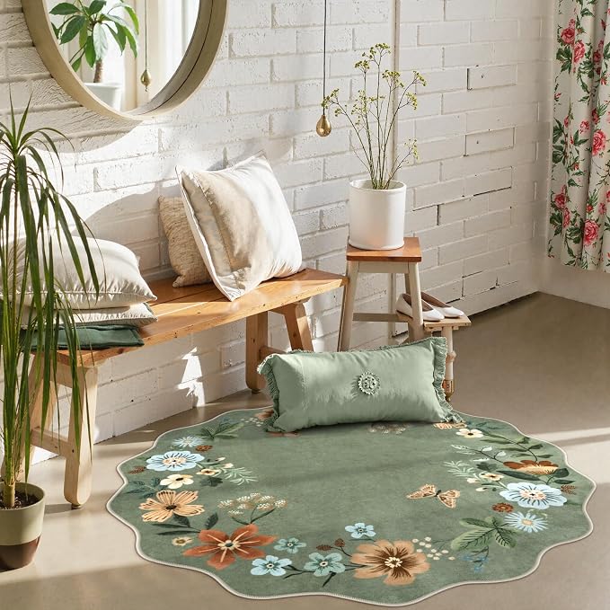 Lahome Floral Round Area Rugs, Washable Small Round Rug 3ft Non-Slip, Soft Boho Ultra-Thin Circle Carpet for Bedroom Entryway Kitchen Laundry Bathroom, Green