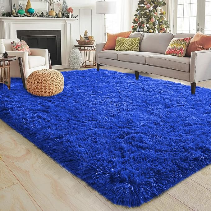 8x10 Large Area Rugs for Living Room, Fluffy Washable Royal Blue | Upgrade Non-slip, 8 x 10 Big Shag Rug for Boys Bedroom Kids Nursery, Modern Shaggy Furry Carpet for Dorm, Flame Resistant