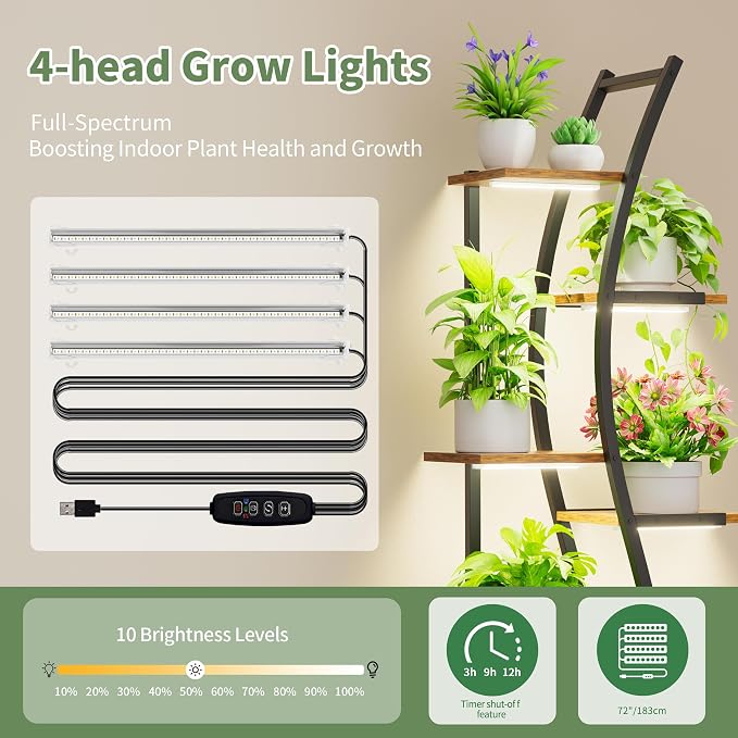 MJOMKN 62" Plant Stand Indoor with Grow Lights - 7 Tiered Tall Metal Plant Shelf - Corner Wooden Plant Stand for Indoor Plants Multiple, Large S-Shape Flower Rack Holder for Living Room, Garden, Patio Decor