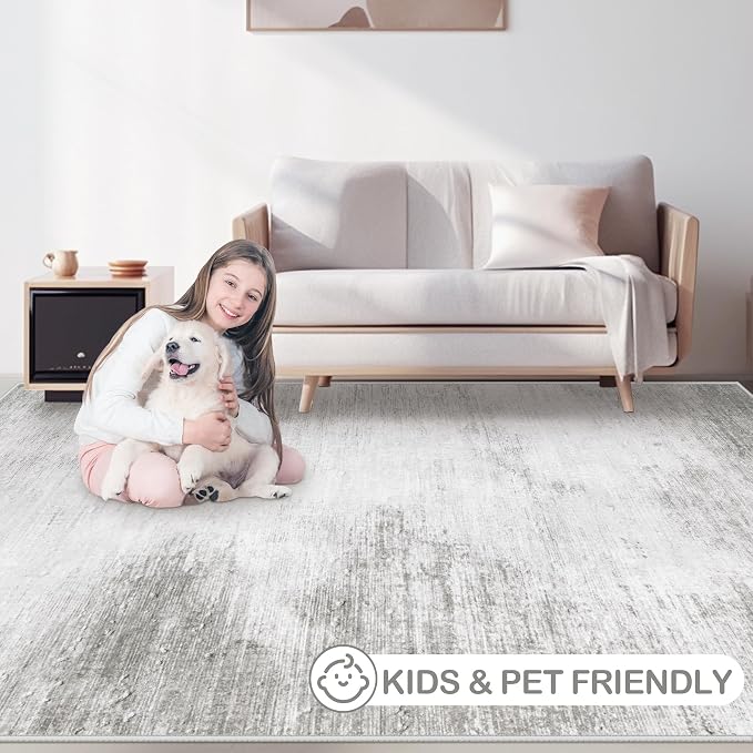 Area Rugs 9x12 Living Room: Washable Rug Modern Abstract Large Rugs Soft Non Slip Neutral Rug Stain Resistant Indoor Carpet for Bedroom Kitchen Dining Room Home Office Rugs(Grey,9'x12')