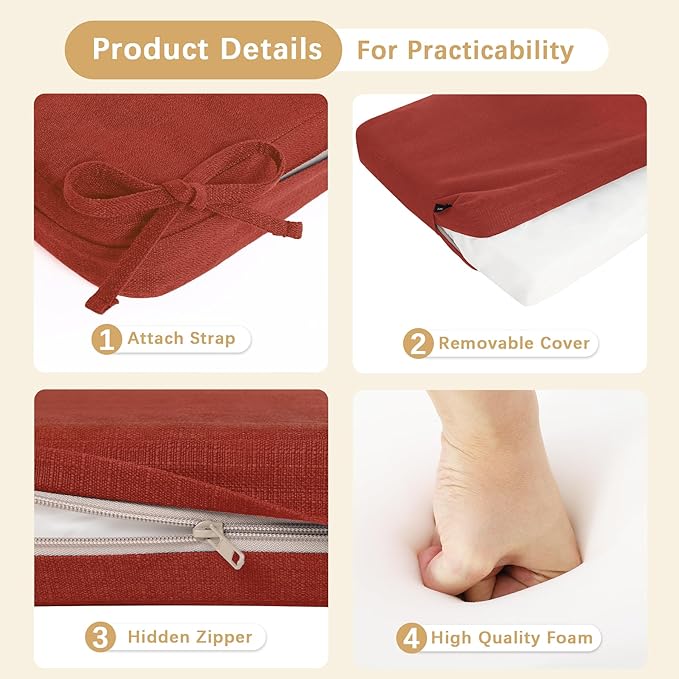 Favoyard Outdoor Bench Cushion 42 x 16 Inch Rainproof Patio Furniture Cushions 3-Year Color Fastness Garden Settee Porch Pads with Ties, Red
