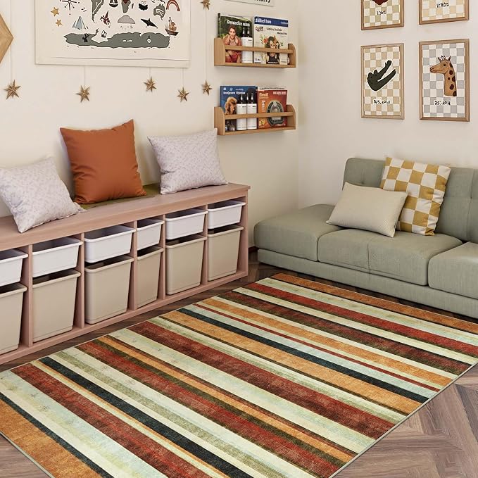 jinchan 5x7 Area Rug Modern Striped Washable Living Room Rug, Caramel Dusk | Non-Slip, Thin, Lightweight, Low Pile, Decor Carpet, Modern, Entrance, Entryway, Bedroom, Kitchen, Dining Room, Home Office