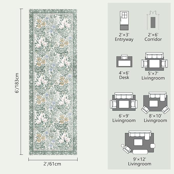 Botanical Floral Washable Runners for Hallways Area Rug 2x6 Light Green Cream Vintage Garden Design, Perfect for Carpet for Kitchen Bedroom Bathroom Laundry Room