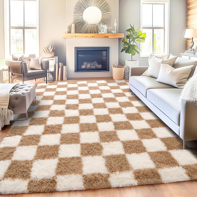 Checkered Rug for Living Room 8x10, Ultra Fluffy Fuzzy Shag Large Area Rug for Bedroom, Modern Plush Soft Upgrade Non-Slip Carpet for Kids Girls and Boys Room Dorm Home Decor, Cream and Camel
