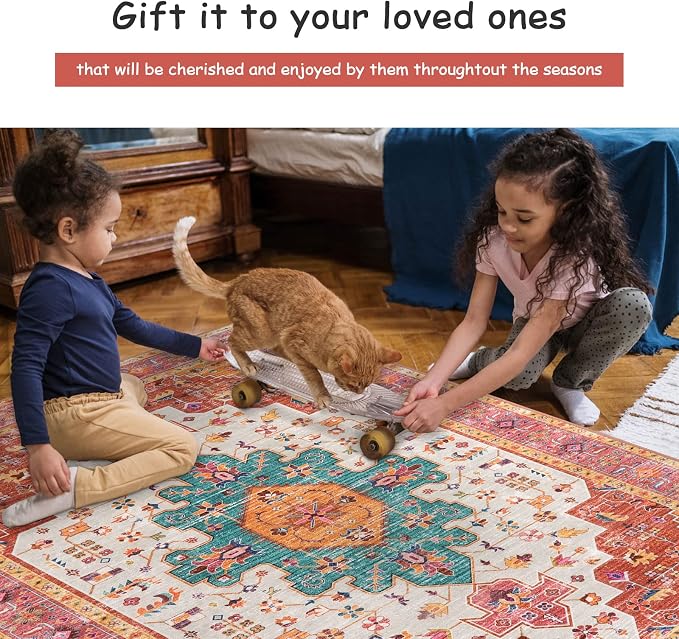Moynesa Ultra-Thin Pink Area Rug - 8x10 Bedroom Living Room Rug Non-Slip Non-Shedding Nursery Mat, Indoor Oriental Medallion Floor Carpet for Dining Room Entryway Playroom