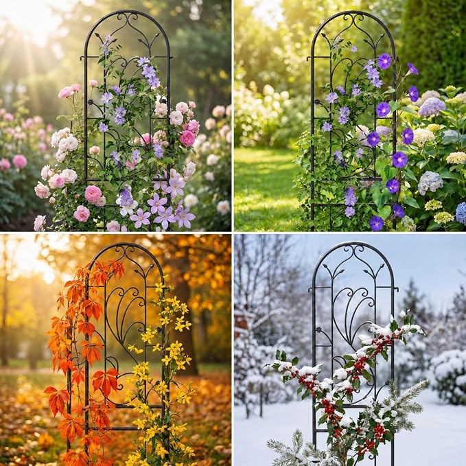 4 Pack 87x20in Garden Trellises, Sunflower Black Metal Coated Rustproof Trellis for Climbing Plants Outdoor, Roses, Vegetables, Vines, Cucumbers