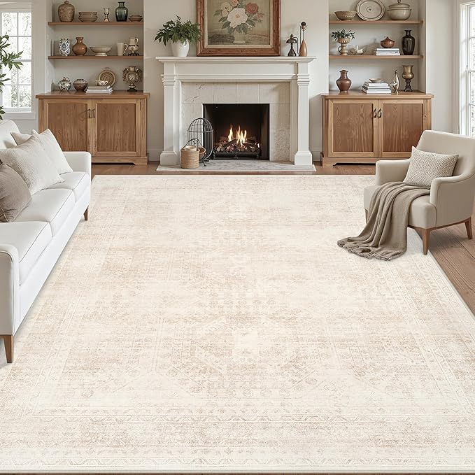 10x14 Area Rugs Living Room: Bedroom Neutral Washable Carpet Beige | Large Vintage Boho Indoor Decor Neutral Soft Nursery Farmhouse Dining Room Office Floor Non-Slip Low Pile Under Table Rug