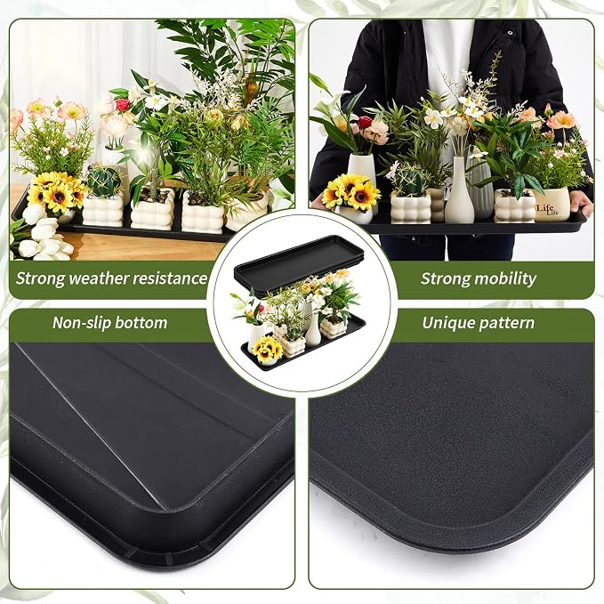 Cinnvoice 4 Pack Black 24 x 8.2 x 0.8 Inch Rectangle Plant Saucer Large Plastic Plant Tray Water Drip Trays for Windowsill Flower Pot Planter Drainage Germination Garden Outdoor Indoor Use