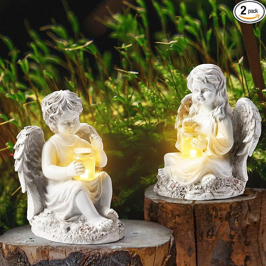 2 Pack Outdoor Angel Statue Garden Decor, Classic Solar Angel Figurine Decoration for Yard Art Indoor Porch Home Lawn Outside Light up Cherub Sculpture Guardian Wings Angel Memorial Gifts Christmas