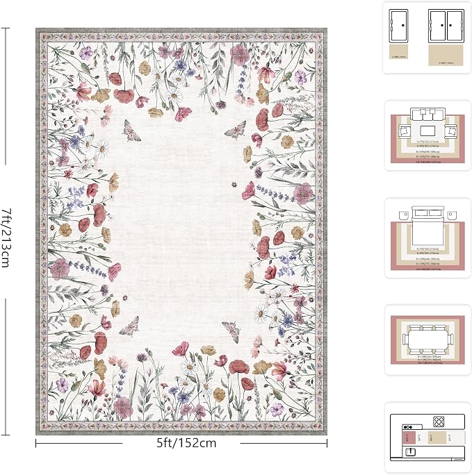 5x7 Area Rugs, Rugs for Bedroom, Indoor Non-Slip Washable Rug for Living Room, Dining Room, Low Pile Home Decor Floral Rug(Classic Beige)