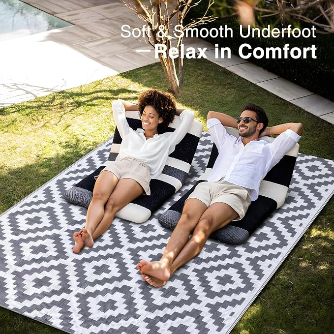 OLANLY Waterproof Outdoor Rug 5x8 ft, Outdoor Plastic Straw Rug for Camping, RV Mat Outside, Outdoor Carpet for Porch, Deck, Backyard, Balcony, Picnic, Grey & White