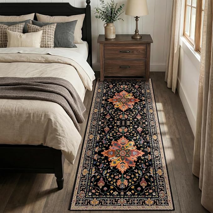 RELEANY Washable Area Rug, Runner 2'x6', Black/Colorful | Non-Slip, Water Repellent, Pet Friendly, Easy to Clean, Vintage Floral Boho Decor for Kitchen Entry Bedroom Bedside Laundry