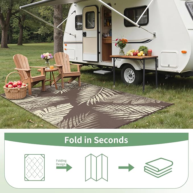 GENIMO Outdoor Rug 6' x 9' Waterproof for Patio Clearance, Reversible Plastic Straw Camping Mat, Lightweight Carpet for Rv, Camper, Deck, Porch, Picnic, Balcony, Beach, M.Mottled＆CoffeeBeige