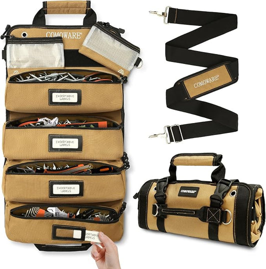 COMOWARE Roll Up Tool Bag, Gift for Dad, 600D Oxford PVC Coated Tool Organizer with 11 Pouches, 5 Exterior Wrench Pockets & Adjustable 51.2" Shoulder Strap for Mechanics, Plumbers, Camping, Motorcycle