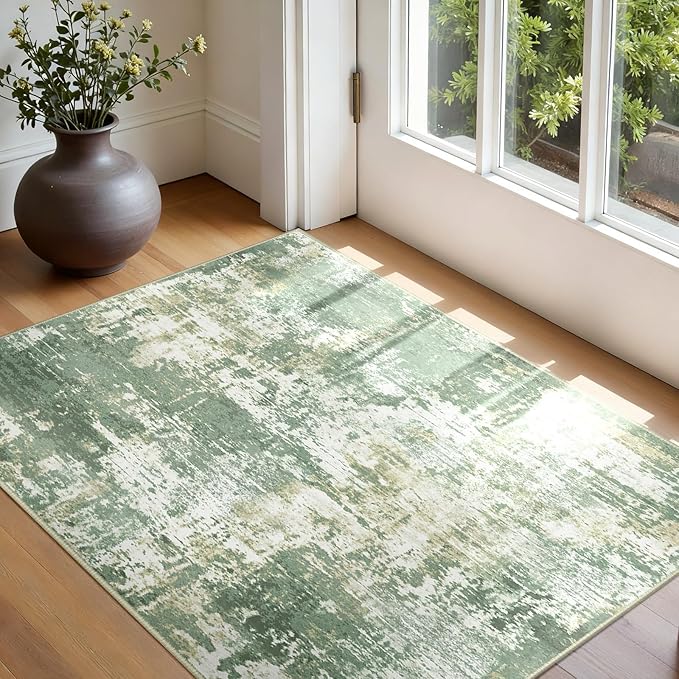 RELEANY Washable 3'x5' Abstract Area Rug for Living Room Light Green | Carpet for Bedroom, Kitchen, Office, Hallway and Entryway, Printed Pattern, Non‑Slip, Soft, Stain‑Resistant, Easy to Clean