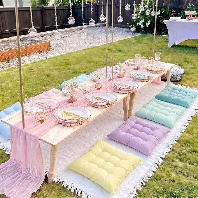 Extra Large Outdoor Picnic Blanket with Table Runner and Floor Pillow Cushion for Picnic Wedding Birthday Baby Shower Backyard Decor(91 x 71'',Pastel,8 Pcs)