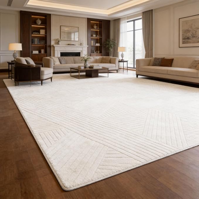 Beige 8x10 Solid Color Area Rug,Washable Rugs for Living Room Bedroom | Soft Plush Thick High-Low Pile Carpet, Fluffy, Non-Slip Modern Geometric Rugs for Bedside, Kids Room, Nursery, Home Office