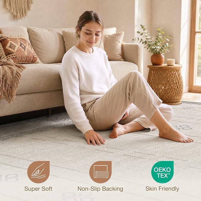 cotiled Boho 5x7 Area Rugs for Living Room: Soft Moroccan Washable Rug | Solve Modern Neutral Trendy Home Decor - Stain Resistan Carpet for Bedroom Beige Grey