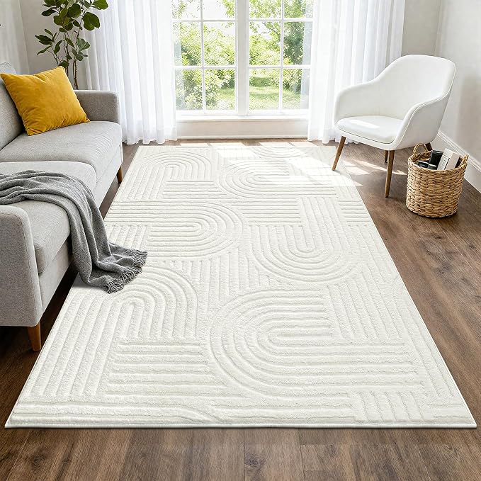 SHACOS Soft Cozy Fluffy Arch Pattern High Low Pile Rugs 4'x6' Non Slip Washable Scandinavian Minimalist Rug Modern Geometric Arc Carpet for Living Room Bedroom Dining Room, Cream White