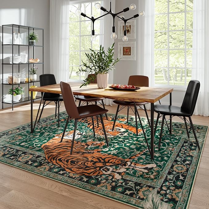 Moynesa Tiger Washable Rugs, 8x10 Area Rugs for Living Room, Soft Large Vintage 8x10 Bedroom Green Rug, Botanical Non Slip Ultra Thin Floor Carpet for Dining Room Home Office