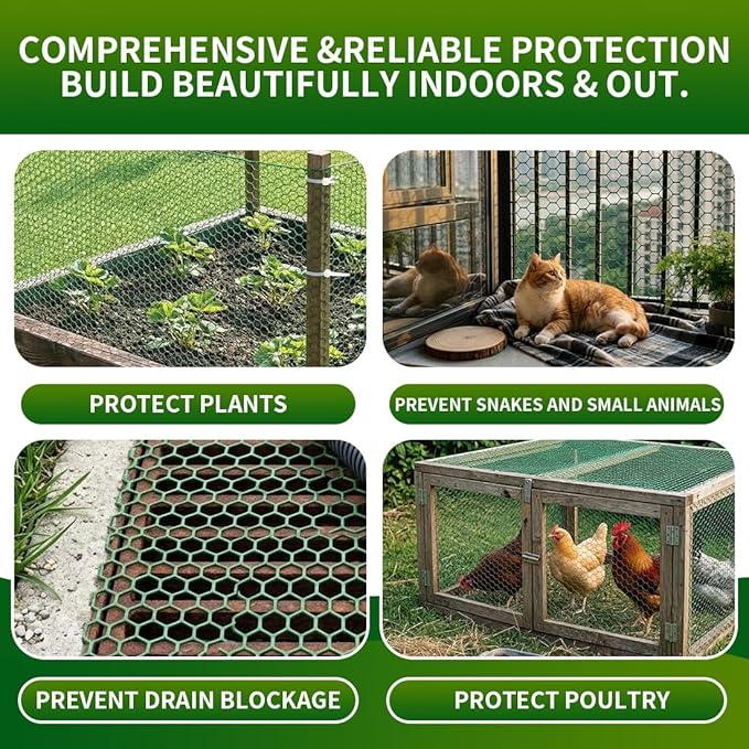 Plastic Chicken Wire Mesh Fence,Plastic Chicken Wire Roll 16in x 33ft,Garden Netting Fencing Barrier for Poultry, Animals, Pets and Balcony(Green)