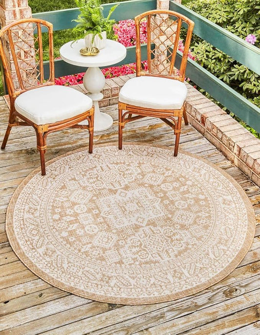 Unique Loom Outdoor Aztec Collection Area Rug - Chalca (7' 10" Round, Natural/ Ivory)