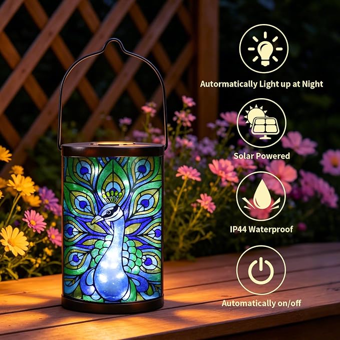 Hanging Solar Lantern Outdoor Waterproof LED Solar Lights Peacock Decorative Solar Lanterns Tabletop Lamp for Outdoor Patio Garden Yard Decor