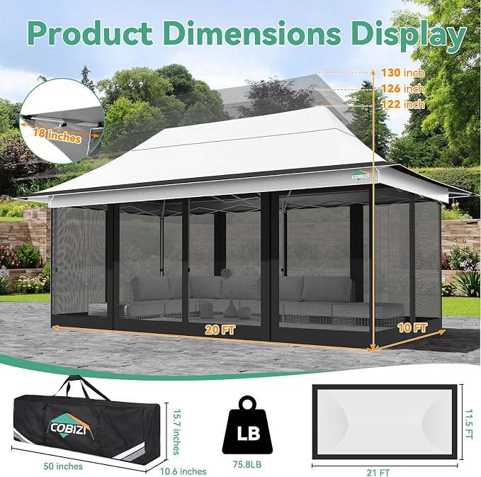 COBIZI 12x20 Pop up Canopy Tent - Gazebo, Party Tents for Parties, Carpas para Fiestas, Large Outdoor Popup Patio Screened Gazebos, Shelter Tents with Net for Backyard, Commercial,Light Grey