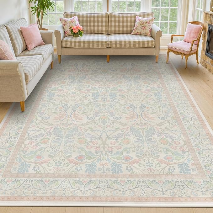 Washable Big 9x12 Floral Cute Rugs for Bedroom, Shabby Chic Large Oushak Area Rug for Living Room, Low Pile & Soft Carpet with Botanical and Wildflower Pattern (Pink and Blue)