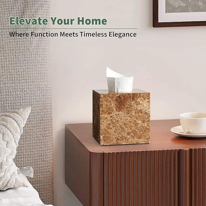 Real Natural Marble Tissue Box Cover, 5.5 Inch Square Marble Tissue Box Holder with Open Bottom, Heavy Stone Decorative Organizer for Bathroom Vanity, Kitchen Countertop, Luxury Home Décor