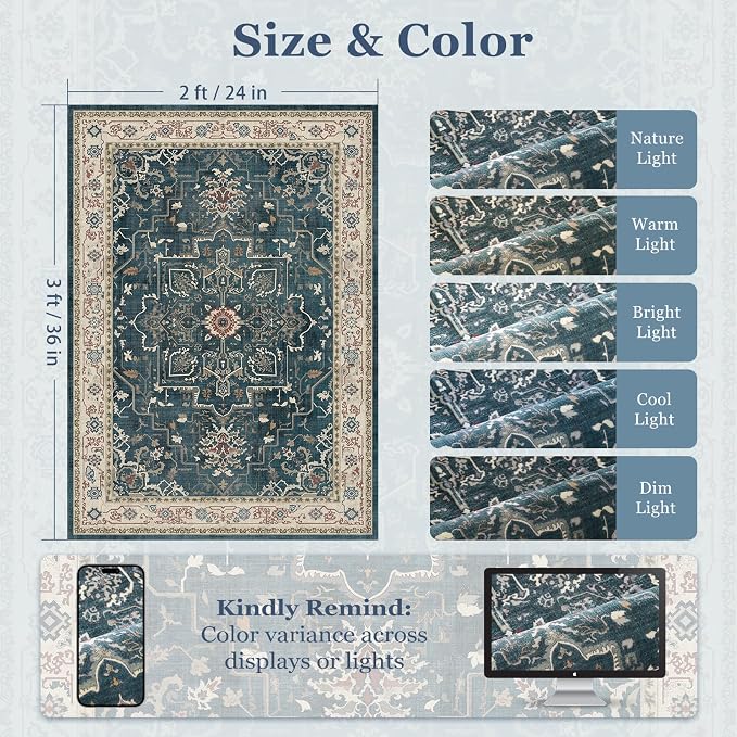 Vintage Distressed 2x3 Kitchen Rugs Washable Non Slip, Medallion Door Mat Indoor Entrance Entryway, Small Low Pile Rugs for Bedroom/Bathroom Vanity/Laundry Room, Deep Blue/Multi