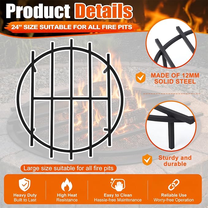 24 Inch Fire Pit Grate Round Heavy-Duty Solid Steel Fire Pit Grate with Elevated Legs, Multi-Functional Log Holder for Fireplace Outdoor Camping, Backyard Barbecue, Cooking