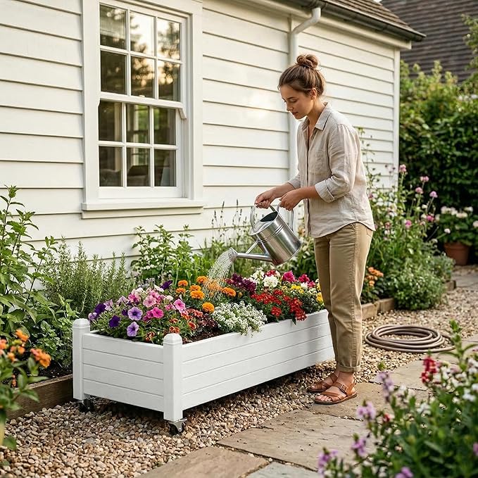 Raised Garden Bed with Wheels, Resin Planter Box with Drain Hole and Water Level Detector, Herb Planter for Garden Patio Backyard, Ashen(13.3" H)