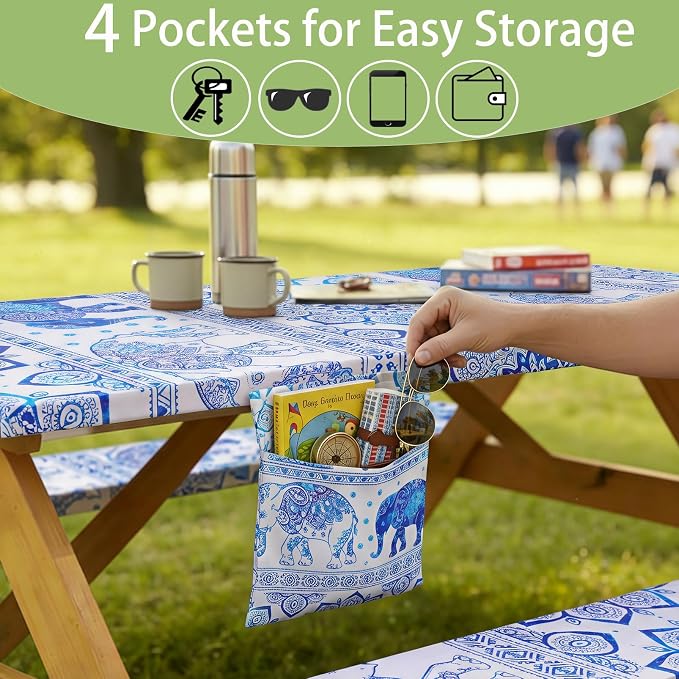 Fitted Waterproof Picnic Table Cover with Bench Covers Heavy Duty Elastic Outdoor Camping Tablecloth for 8 Foot Rectangle Tables Summer Rv Accessories Patio Garden Road Trip Essentials Gifts