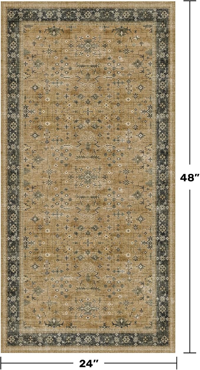 Vintage Boho 2x4 Area Rug for Entryway - Washable Rustic Brown and Charcoal Olive Kitchen Rug for the Floor, Low Pile Non-Slip Rugs for Bathroom, Earthy Geometric Decor & Stain Resistant