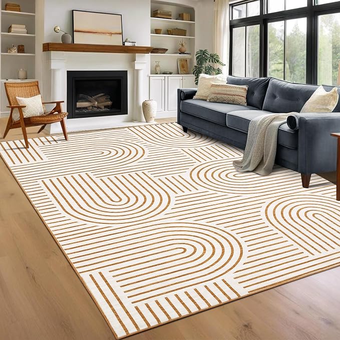 ROYHOME Modern Washable Rug 9x12 Area Rugs for Living Room Non Slip, Orange | Abstract Rug for Bedroom, Rainbow Throw Rugs with Rubber Back, Low Pile Stain Resistant Boho Geometric Carpet for Dining Room