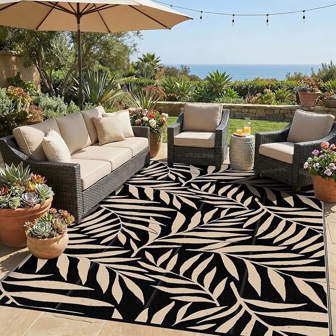Smiry Outdoor Rug 9x12 ft, Waterproof Reversible Plastic Straw Rugs, Outdoor Area Rug with Leaf Pattern, Outside Floor Mat for Patio, Backyard, Deck, Picnic, Beach, Camping, Black & Beige
