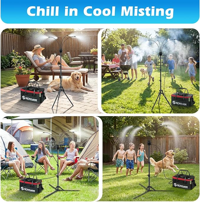 Roylvan Portable Misters for Outside Patio, Outdoor Water Cooling Misting Systems with 6000mAh Water Pump, 20L Bucket, Height Adjustable Standing Mister with 4 Nozzles for Backyard Garden Pool Patio
