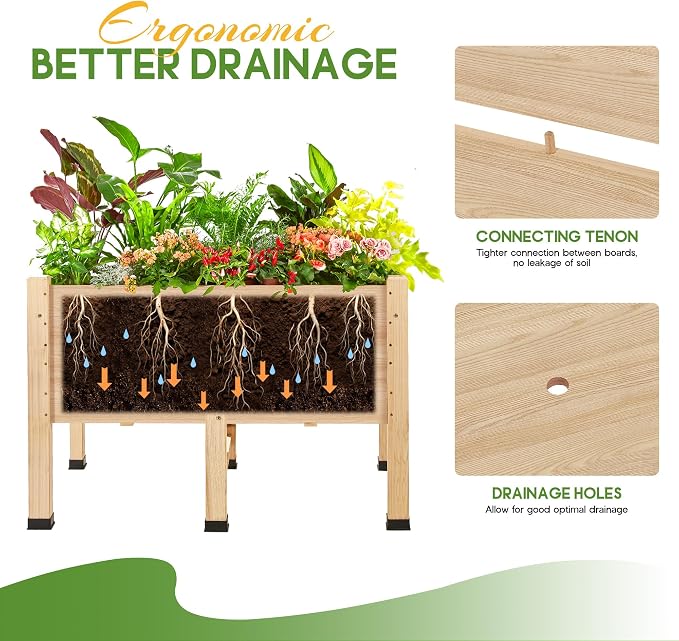 AMERLIFE 4x2 Ft Raised Garden Bed with Legs and Drainage Holes, 16 Inch Deep Elevated Wood Planter Box for Vegetables, Flowers, Herbs, Balcony, Patio, Backyard