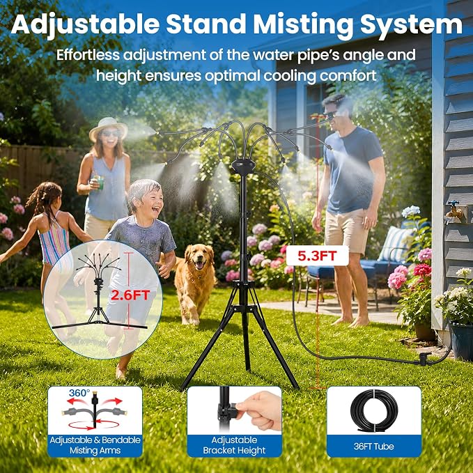 MIXC 8-Nozzles Standing Misters for Outside Patio, 2.6-5.3FT Adjustable Outdoor Misting Cooling System with 36FT Leak-Resistant Water Tubing, Portable Mist Hose for Patio, Backyard & Pool