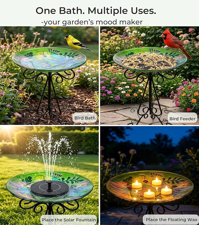 Large Bird Bath for Outside, Glass Bath Bowl with Metal Stand 28" H Standing Outdoor Birdbaths for Garden Yard Lawn Decor, Dragonfly-New