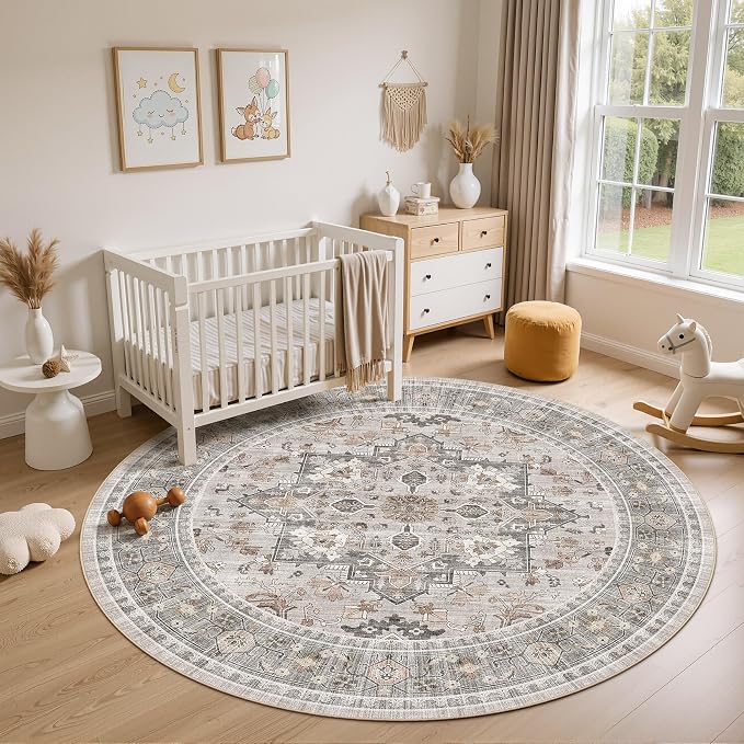 Washable Area Rug-6X6 Vintage Neutral Soft Taupe | Non Slip Thin Foldable Large Floor Carpet for Living Room Bedroom Kitchen Dining Room Home Office Farmhouse Indoor