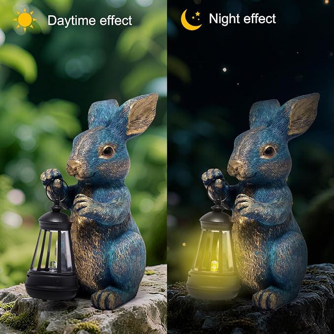 basen Outdoor Bunny Statue with LED Lantern, Battery Powered Resin Rabbit Garden Decor, Weather Resistant Lawn Yard Patio Ornament for Outdoor Indoor Spring Easter Home Decoration