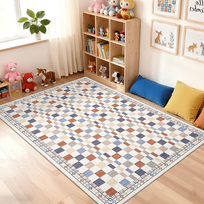 GarveeHome 5x7 Rug for Living Room Washable Modern Checkered Area Rug | Non-Slip Low Pile Contemporary Abstract Throw Carpet for Classroom Kids Room Multi-Color Rugs for Playroom Bedroom