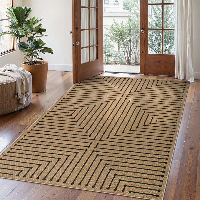 Lahome Neutral Outdoor Rug 5x7, Black and Brown Classroom Easy Jute Rug | Nature Farmhouse Rhombus Non Slip Non Shedding Outdoor Patio Carpet for Balcony Dining Room