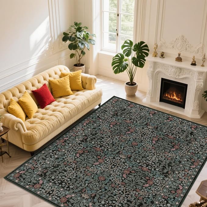 Area Rug for Living Room, 10x12 Large Washable Rugs for Dining Room, Bedroom, Non Slip Stain Resistant Carpet, Low Pile Vintage Floral Rug (Dark Green)