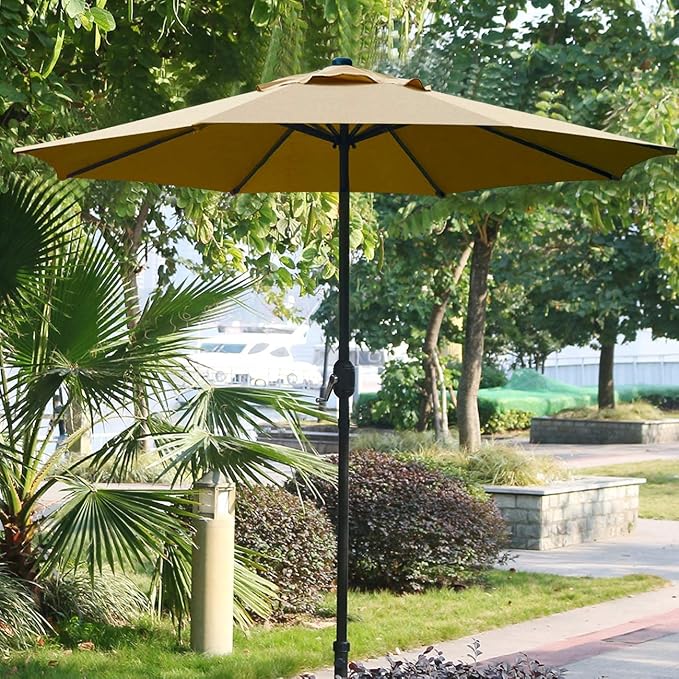 Sunnyglade 9' Patio Umbrella Outdoor Table Umbrella with 8 Sturdy Ribs (Tan) | 18" 30.2-lbs Heavy Duty Round Antiqued Umbrella Base, Bronze
